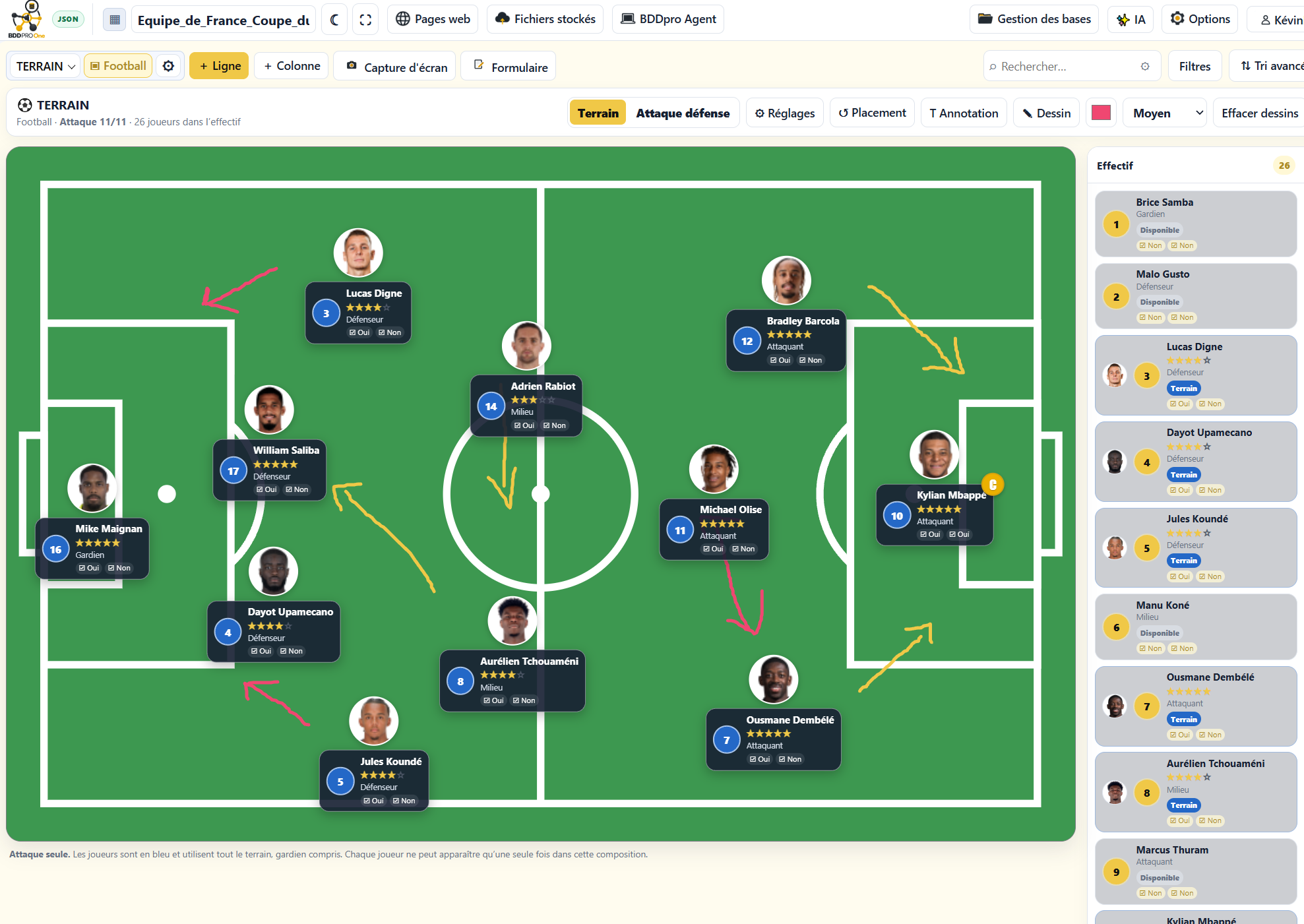 Board football BDDpro One avec terrain, joueurs, banc, annotations et dessins